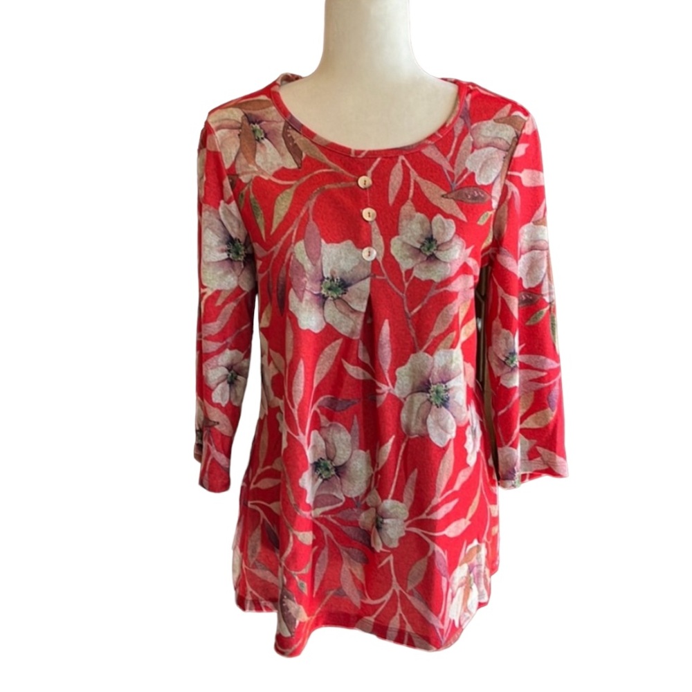 Serengeti Vintage Coral Orange Floral Pleated Top Size S
